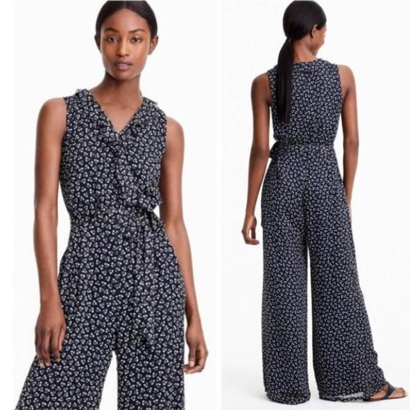 J.Crew Blue Point Sur Sparkle Indigo Floral Wide Leg Ruffle Romper/Jumpsuit - Picture 1 of 16